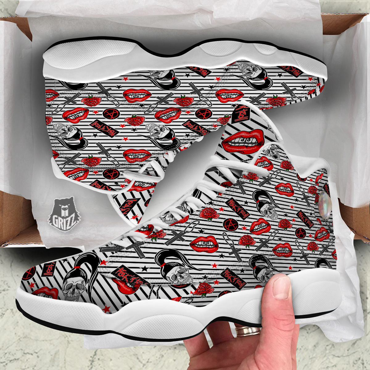 Rock’N’Roll Stiped White Black Print Pattern White Basketball Shoes-grizzshop