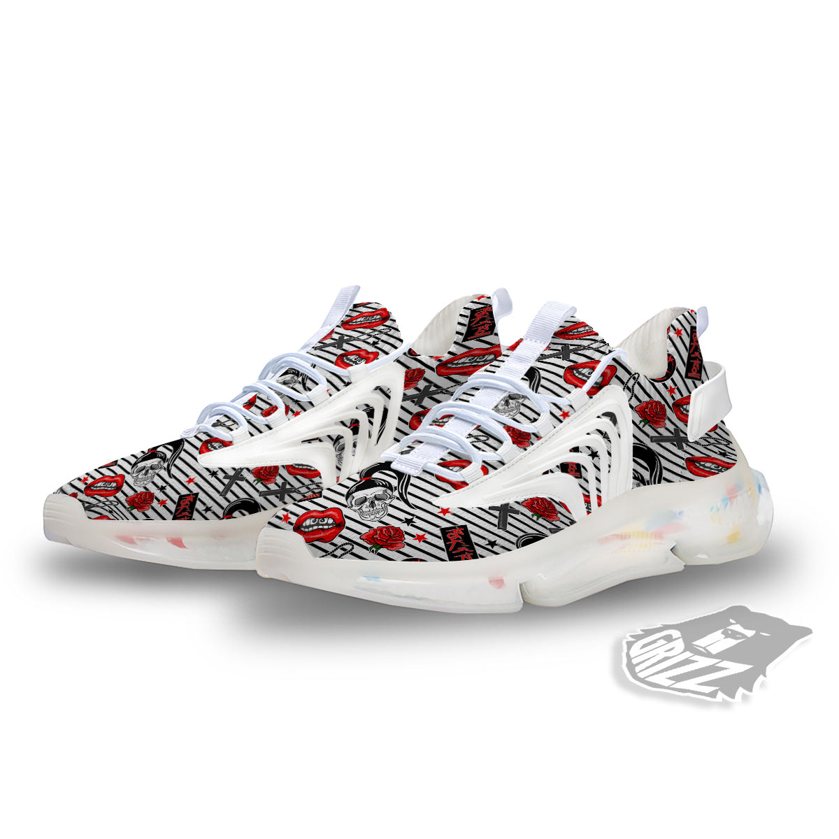 Rock’N’Roll Stiped White Black Print Pattern White Gym Shoes-grizzshop