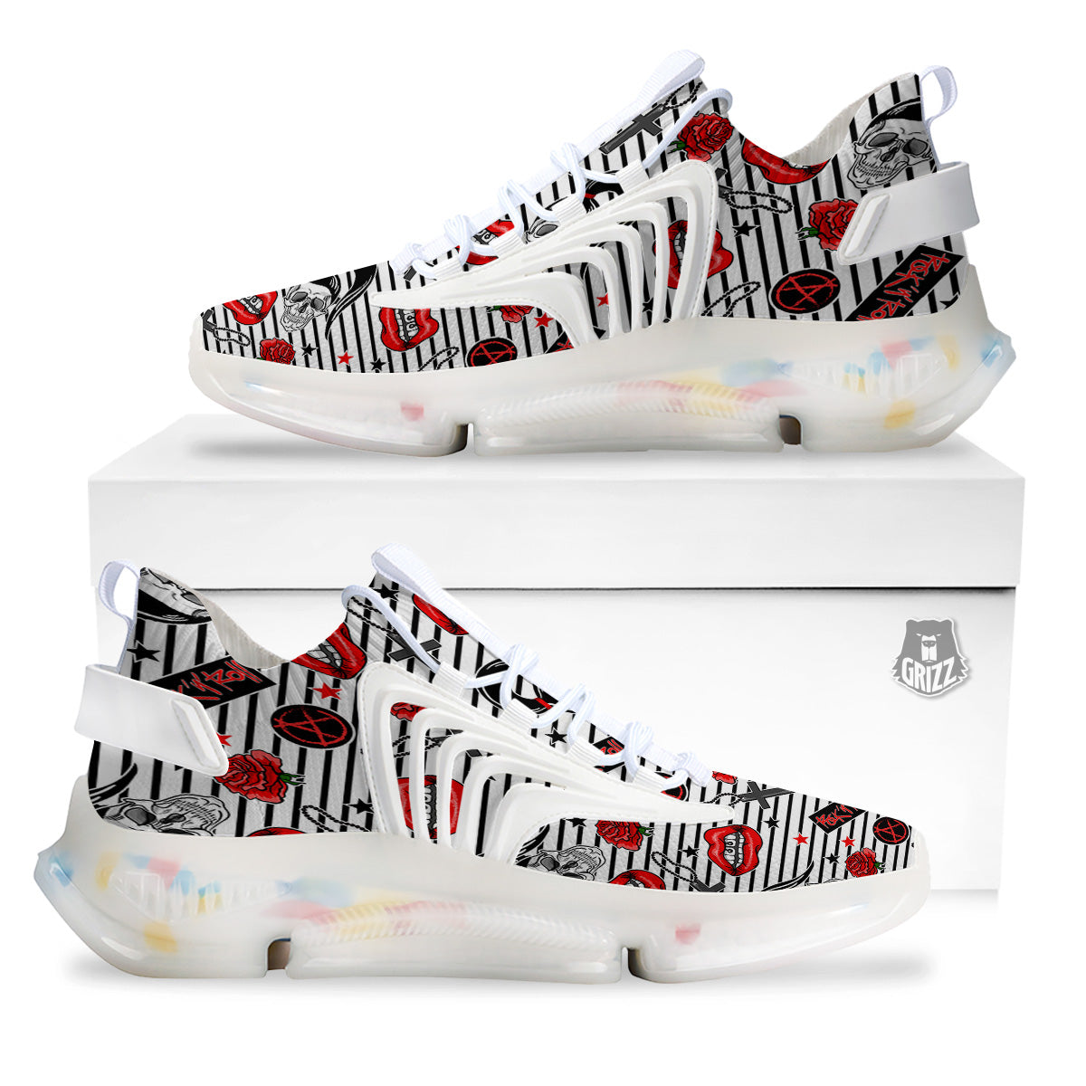 Rock’N’Roll Stiped White Black Print Pattern White Gym Shoes-grizzshop