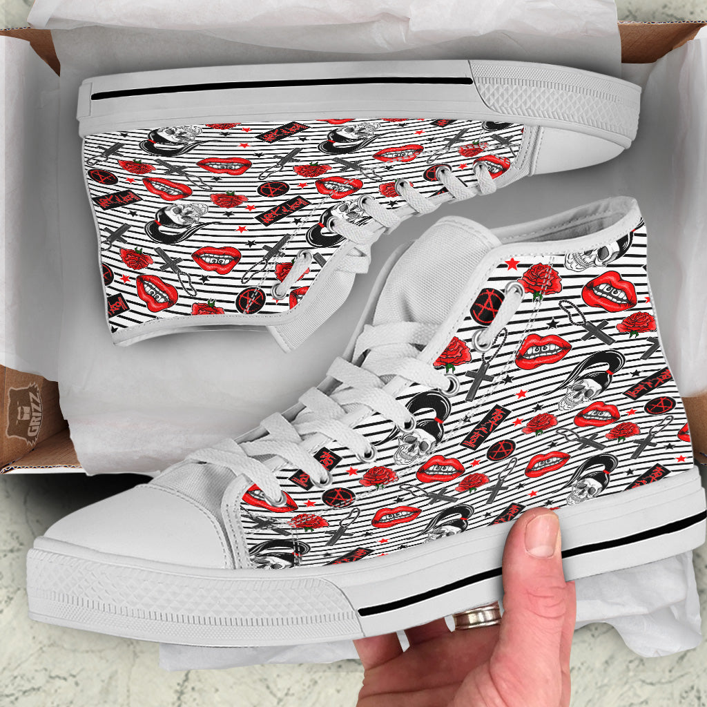 Rock’N’Roll Stiped White Black Print Pattern White High Top Shoes-grizzshop