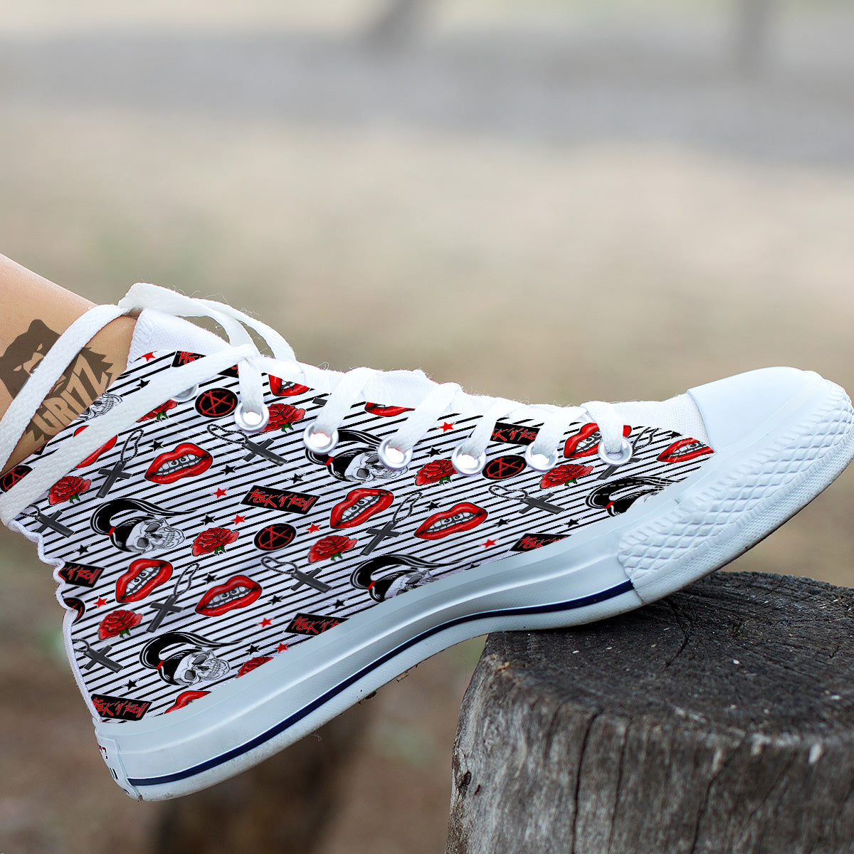 Rock’N’Roll Stiped White Black Print Pattern White High Top Shoes-grizzshop