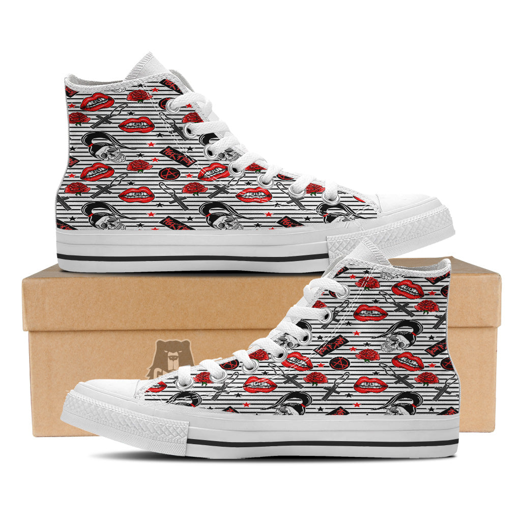 Rock’N’Roll Stiped White Black Print Pattern White High Top Shoes-grizzshop