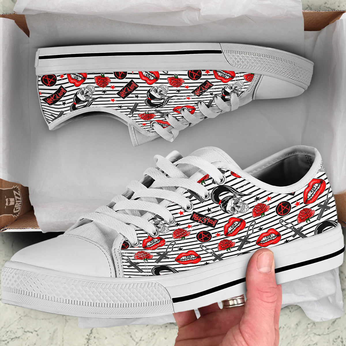Rock’N’Roll Stiped White Black Print Pattern White Low Top Shoes-grizzshop