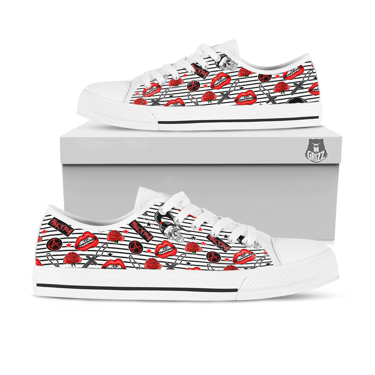 Rock’N’Roll Stiped White Black Print Pattern White Low Top Shoes-grizzshop