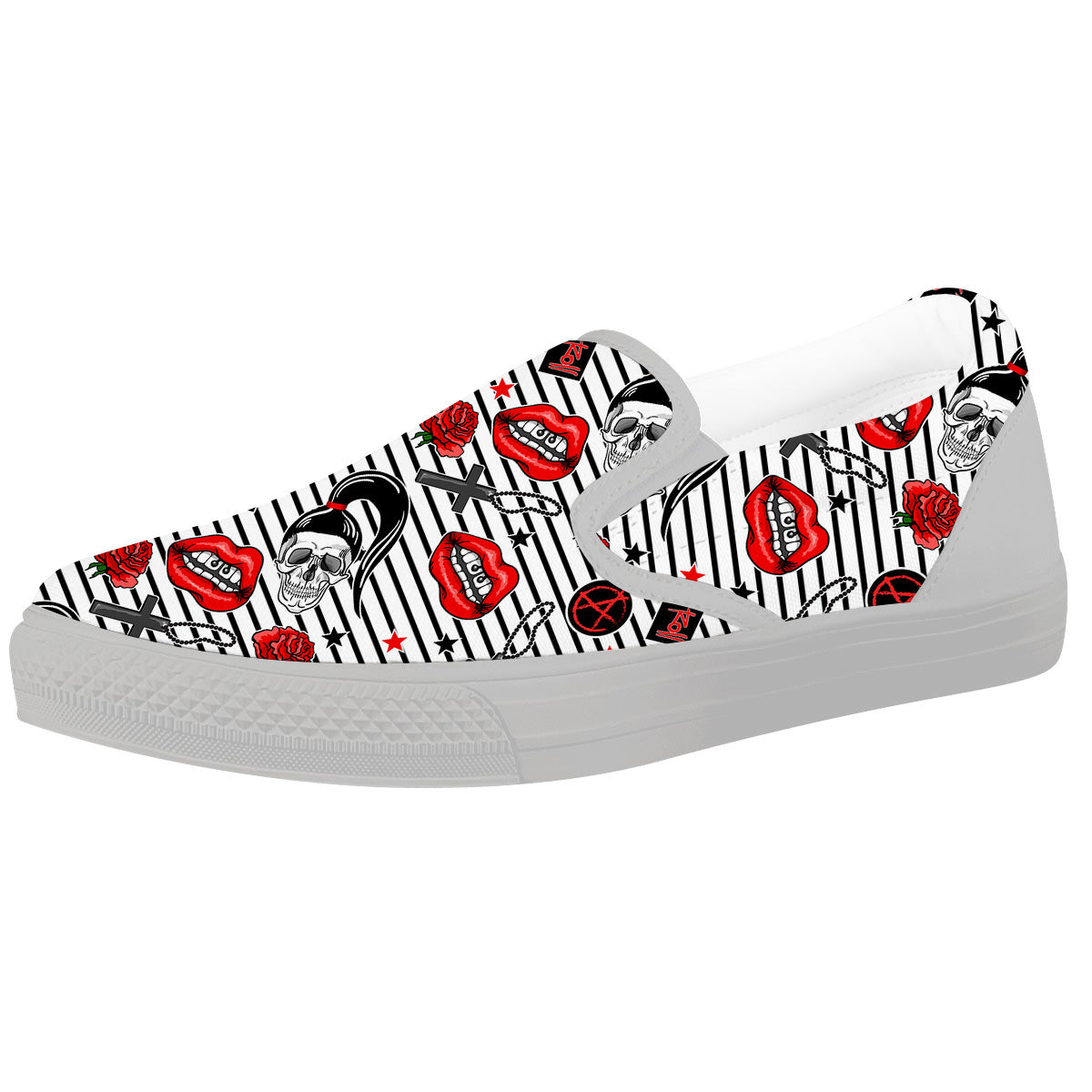 Rock’N’Roll Stiped White Black Print Pattern White Slip On Shoes-grizzshop