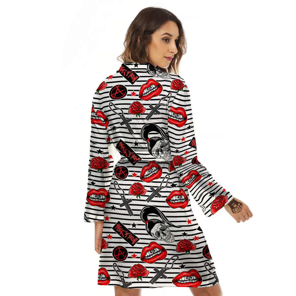 Rock’N’Roll Stiped White Black Print Pattern Women's Robe-grizzshop