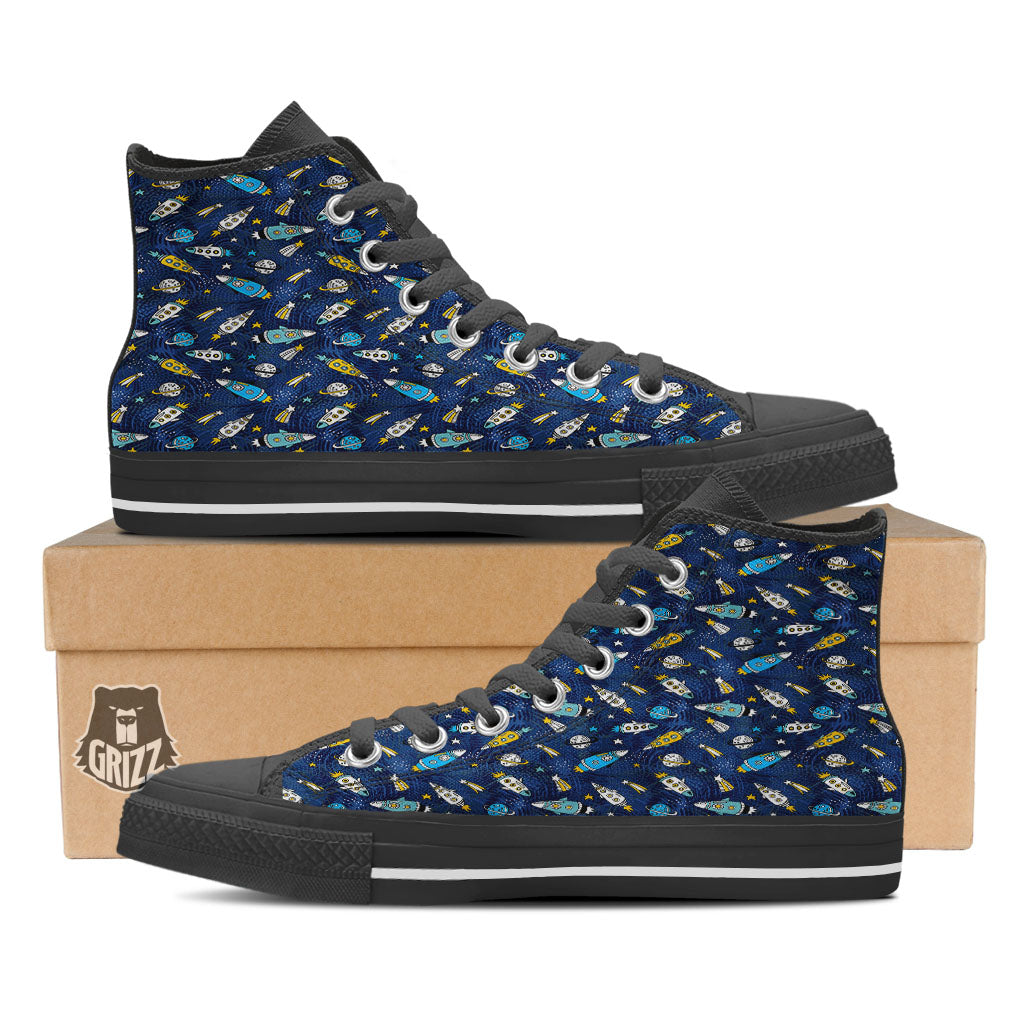 Rocket Doodle Print Pattern Black High Top Shoes-grizzshop