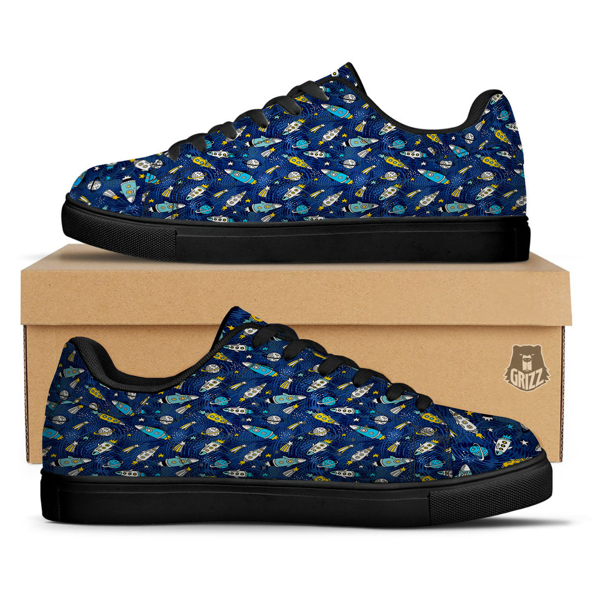 Rocket Doodle Print Pattern Black Low Top Sneakers-grizzshop
