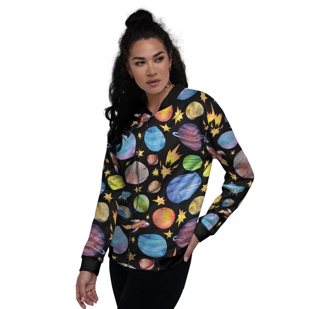 Rocket Watercolor Print Pattern Women's Bomber Jacket-grizzshop
