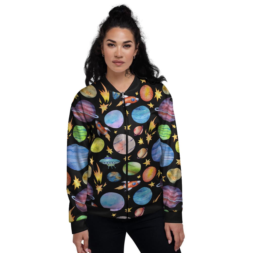 Rocket Watercolor Print Pattern Women's Bomber Jacket-grizzshop