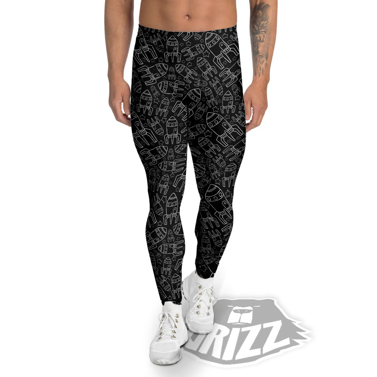 Rocket White And Black Print Pattern Men's Leggings-grizzshop