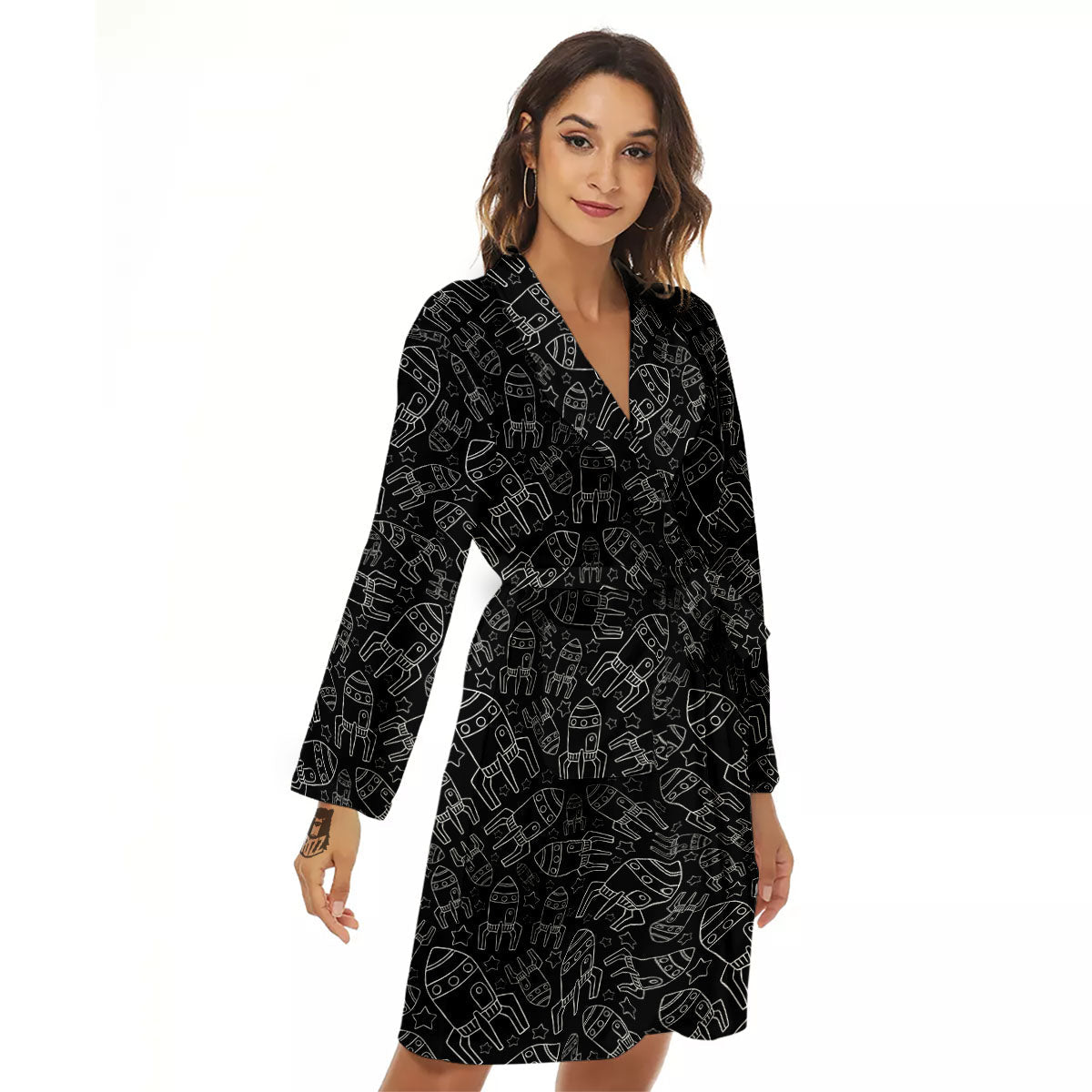 Rocket White And Black Print Pattern Women's Robe-grizzshop