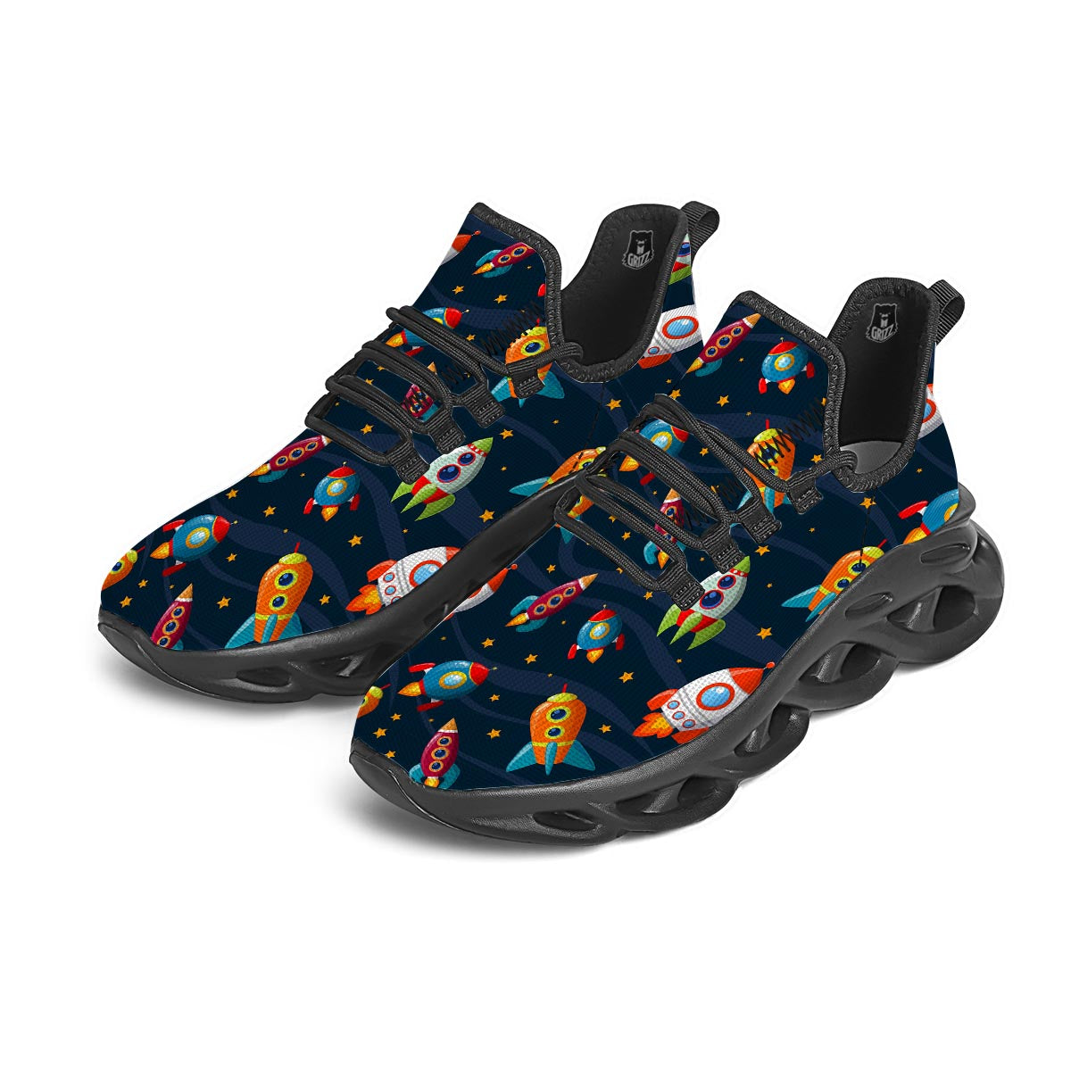 Rockets Space Print Pattern Black Running Shoes-grizzshop