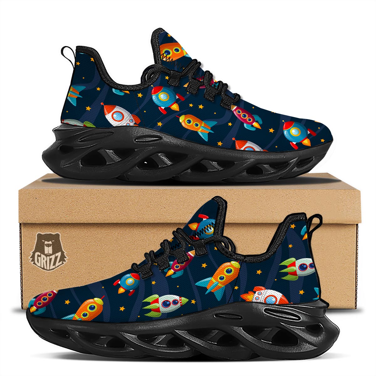 Rockets Space Print Pattern Black Running Shoes-grizzshop