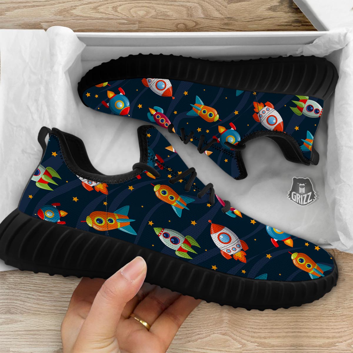 Rockets Space Print Pattern Black Walking Shoes-grizzshop