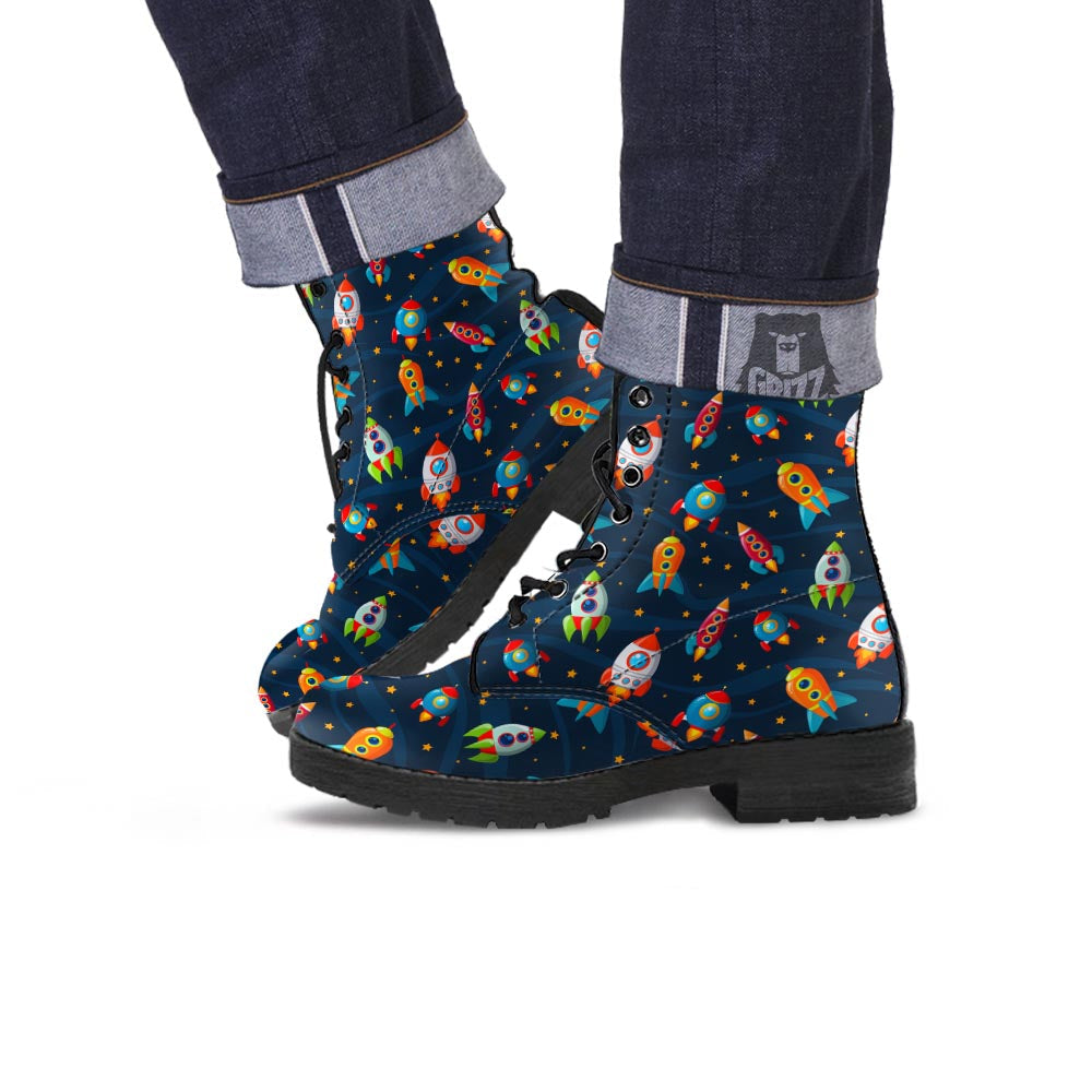 Rockets Space Print Pattern Leather Boots-grizzshop