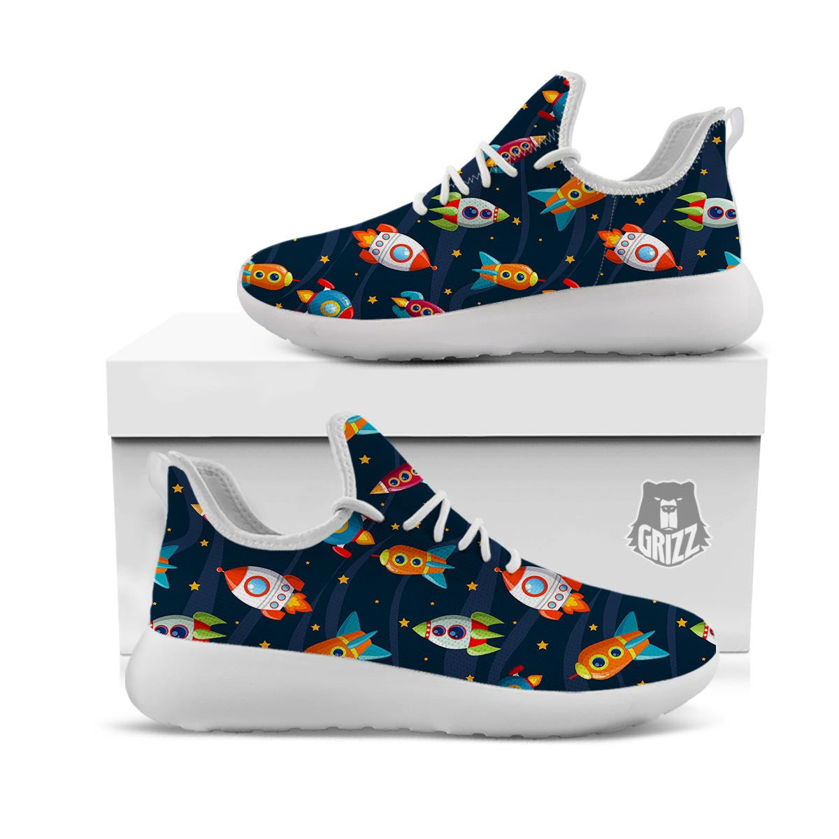 Rockets Space Print Pattern White Athletic Shoes-grizzshop