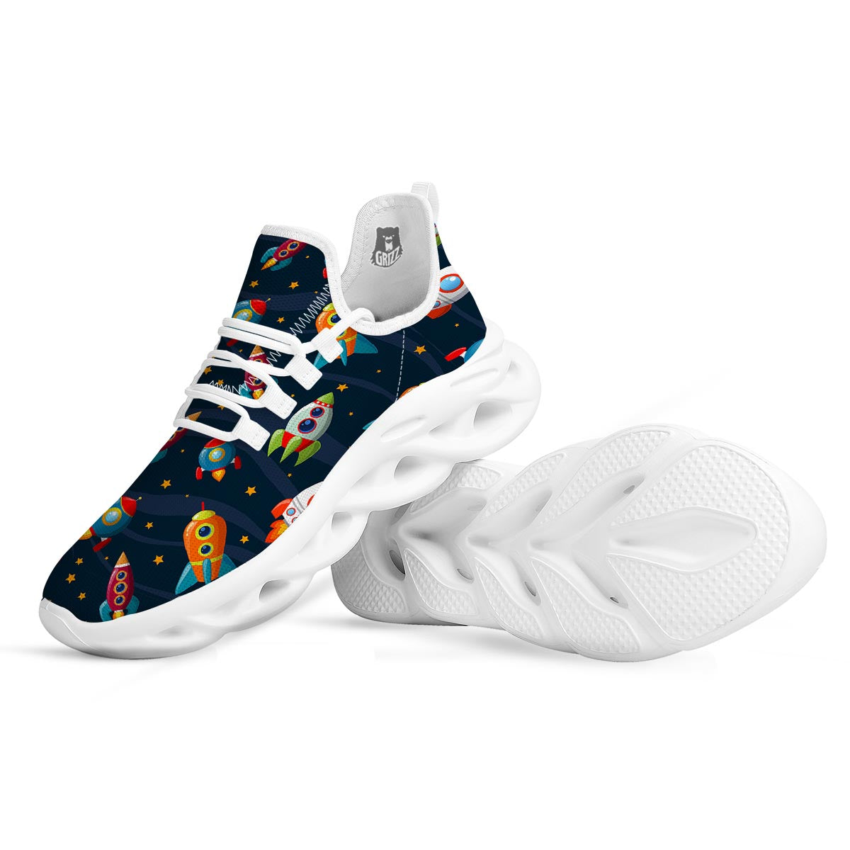 Rockets Space Print Pattern White Running Shoes-grizzshop