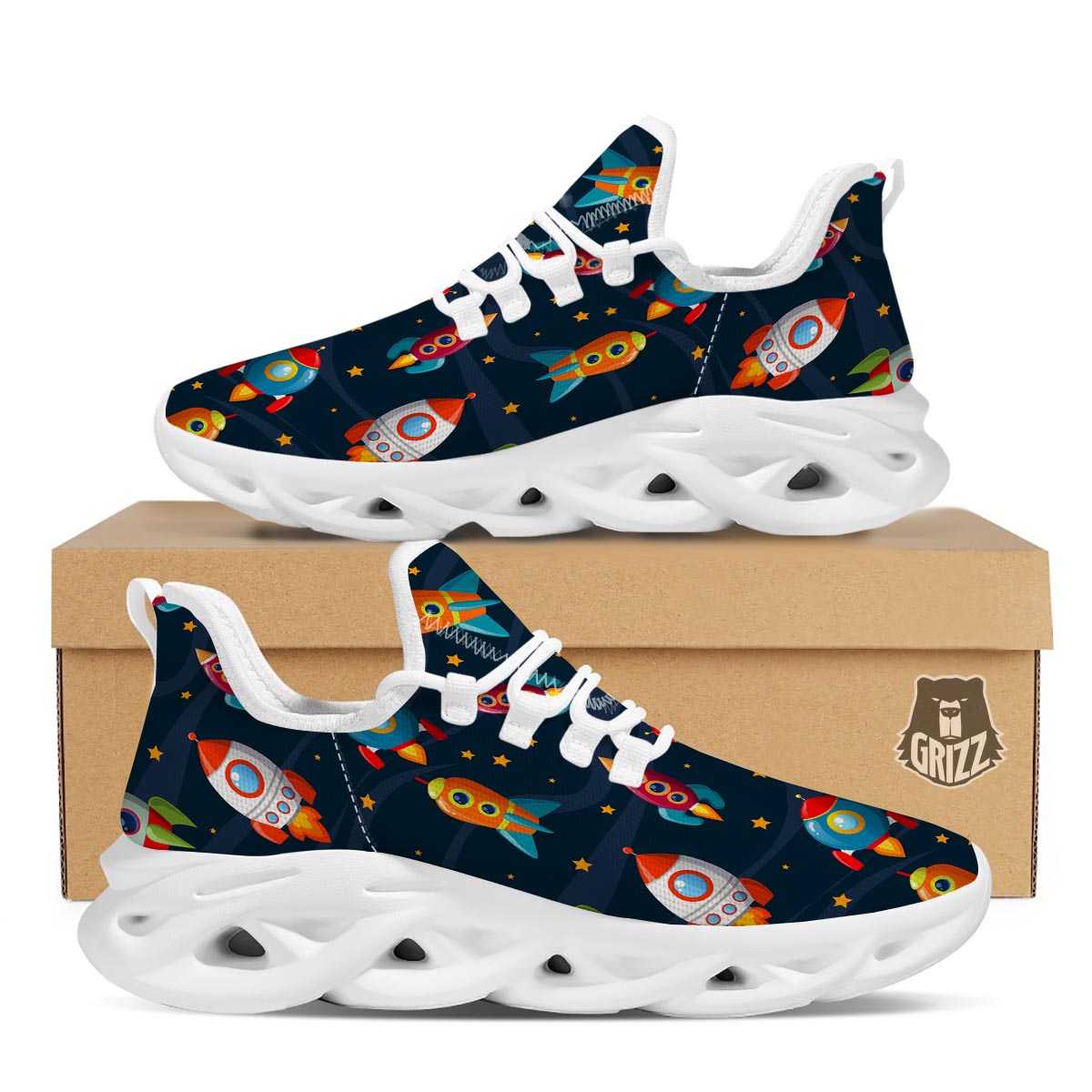 Rockets Space Print Pattern White Running Shoes-grizzshop