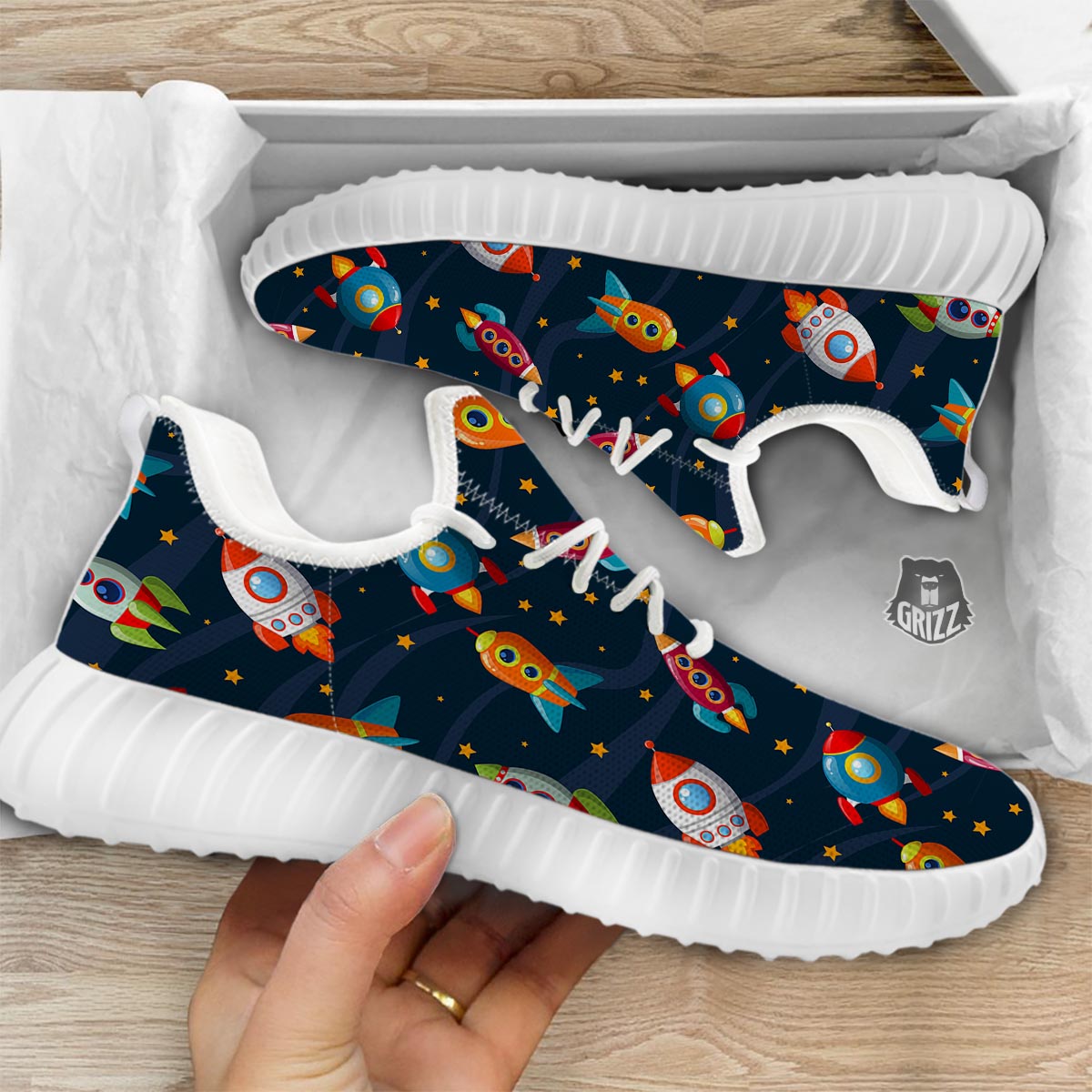 Rockets Space Print Pattern White Walking Shoes-grizzshop