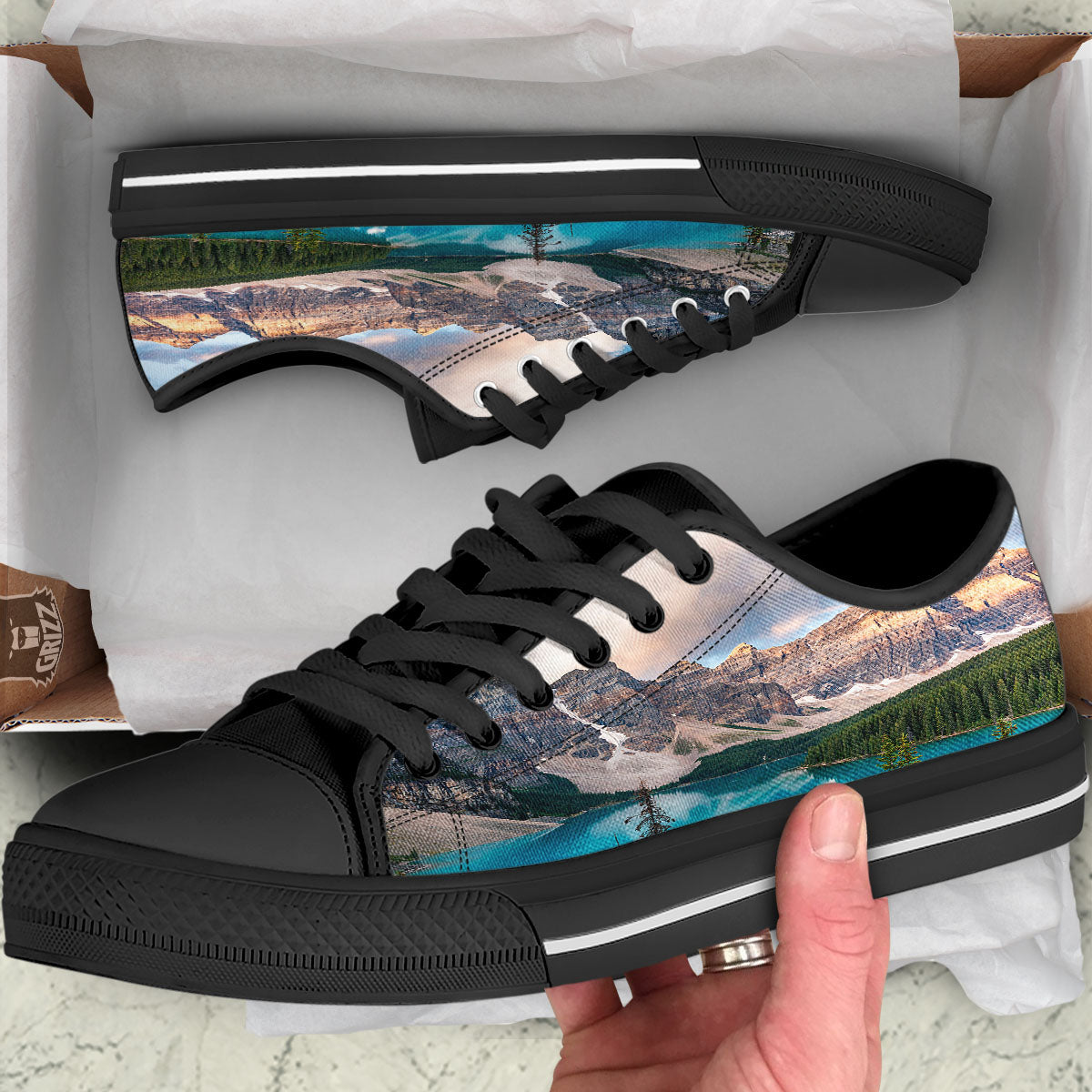 Rocky Mountain Print Black Low Top Shoes-grizzshop