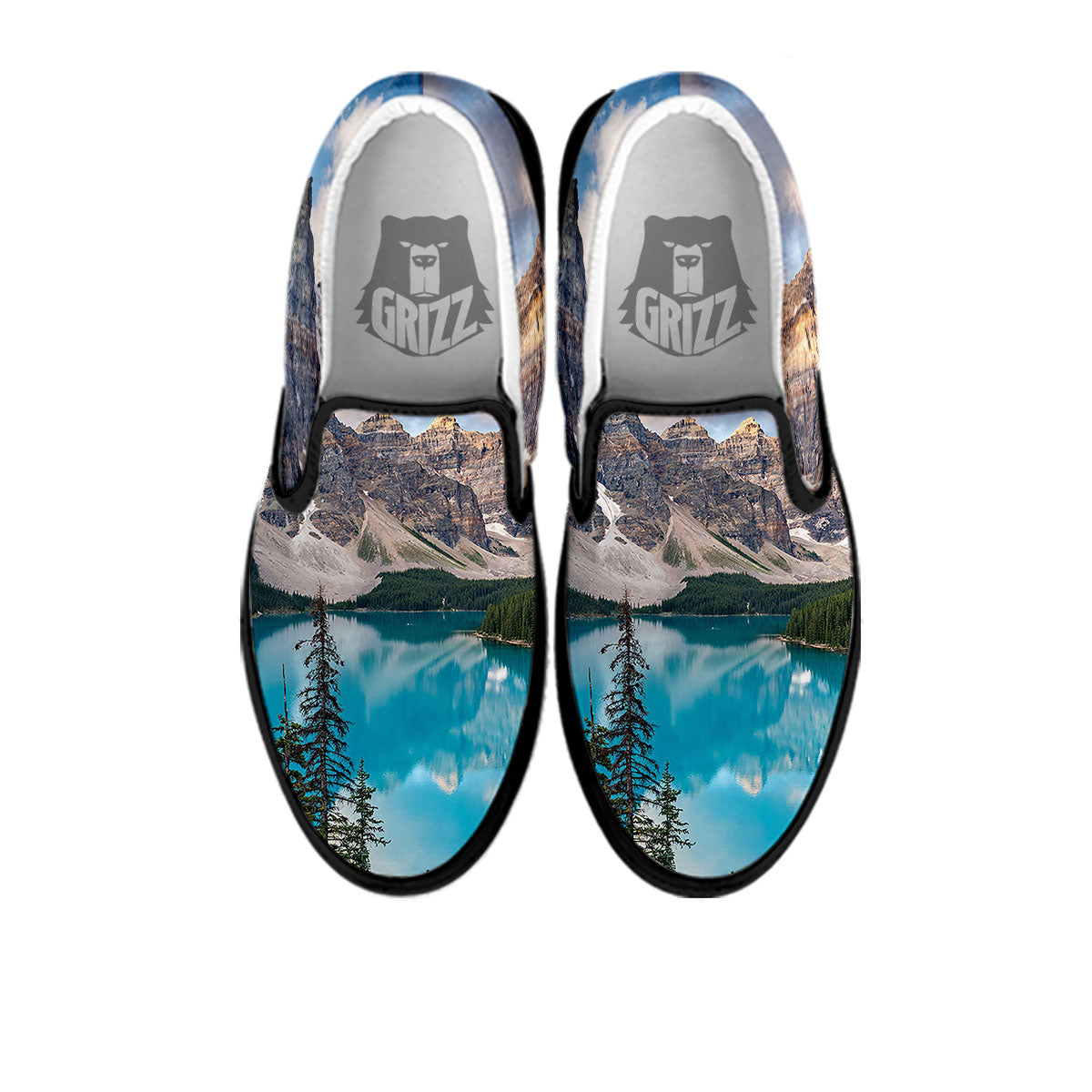 Rocky Mountain Print Black Slip On Shoes-grizzshop