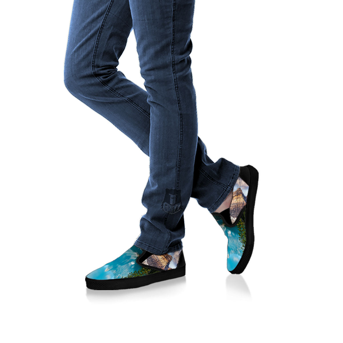 Rocky Mountain Print Black Slip On Shoes-grizzshop