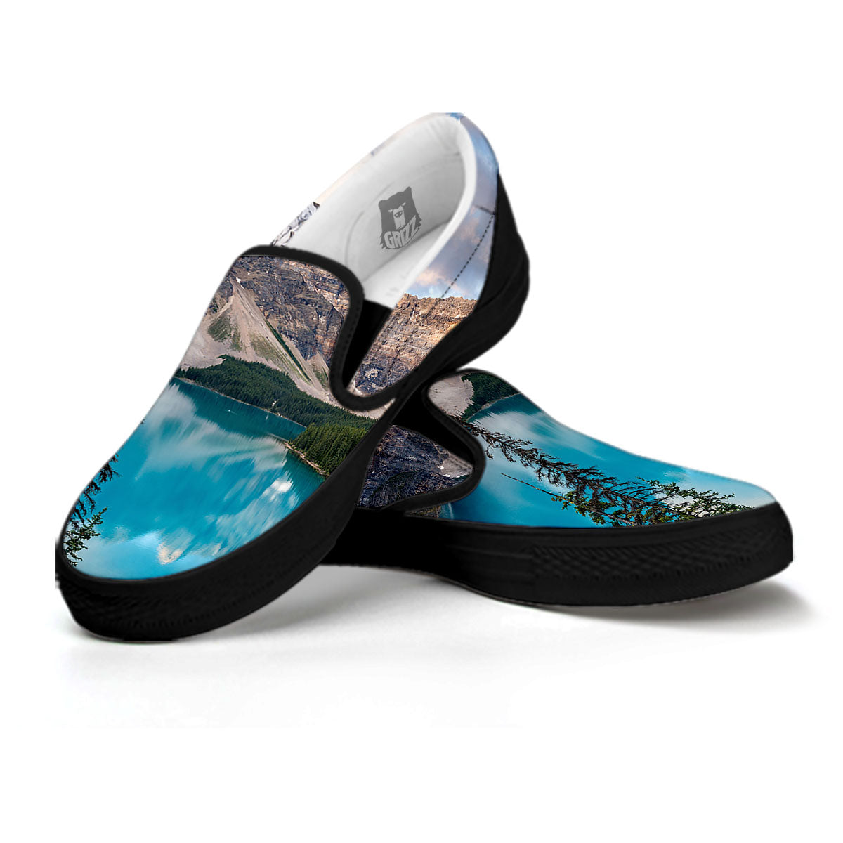 Rocky Mountain Print Black Slip On Shoes-grizzshop