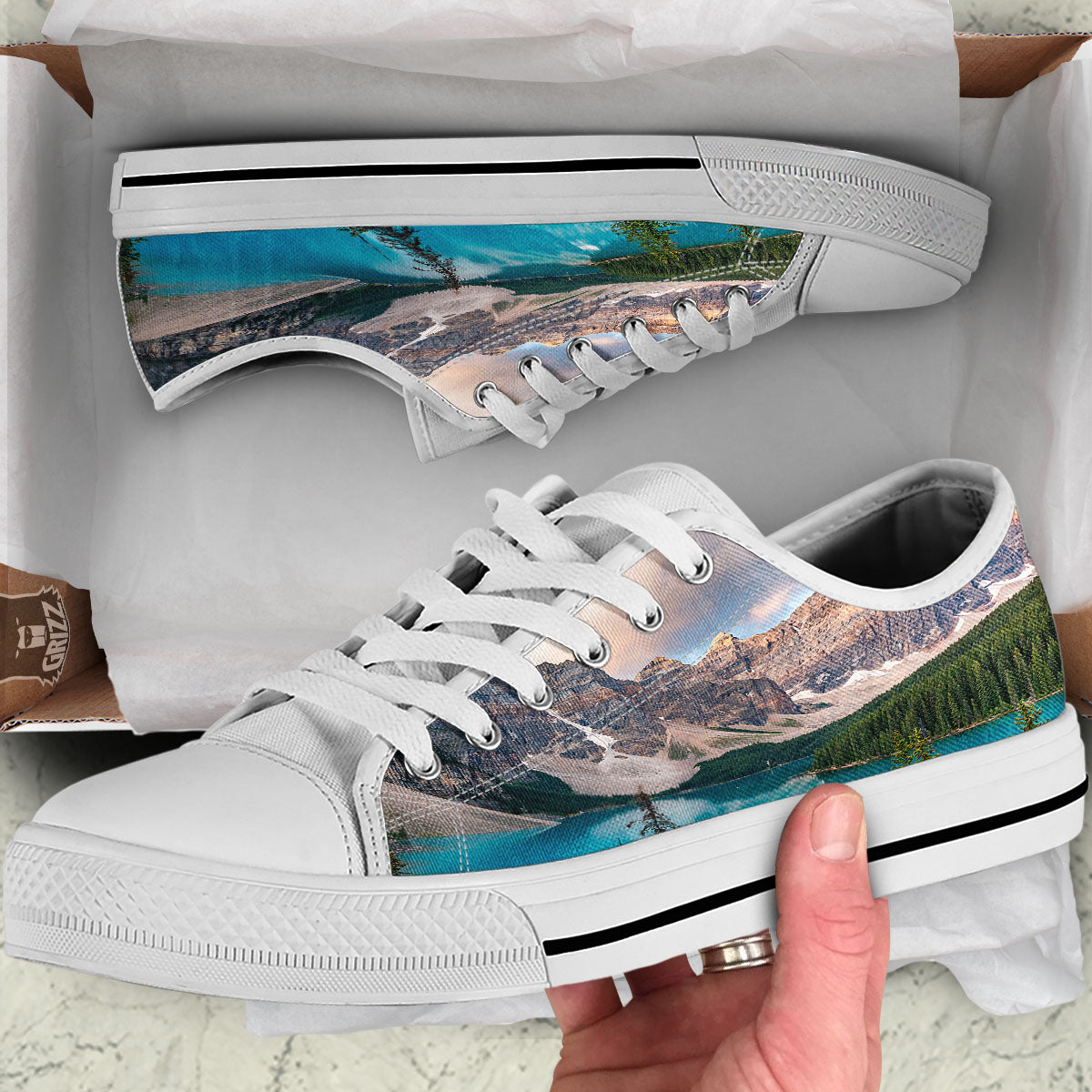 Rocky Mountain Print White Low Top Shoes-grizzshop