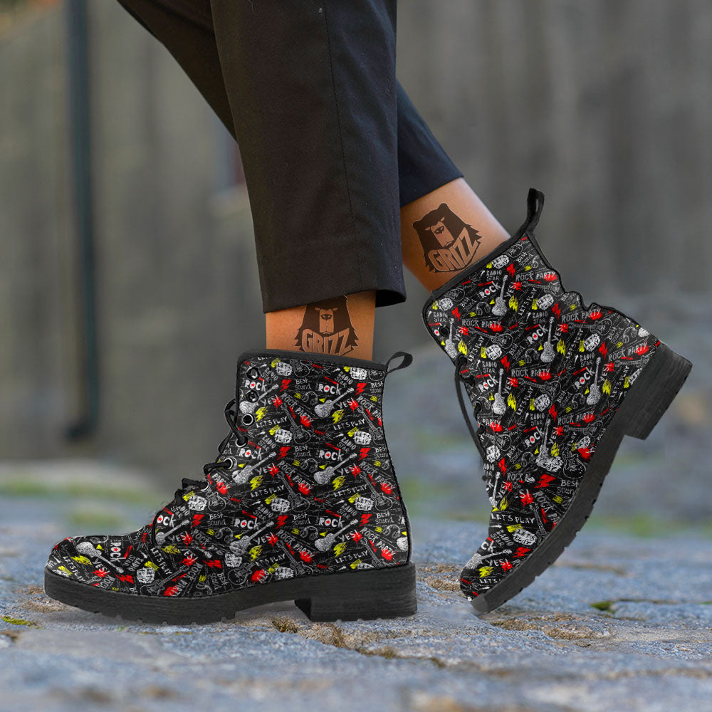 Roll And Grunge Rock Print Pattern Leather Boots-grizzshop