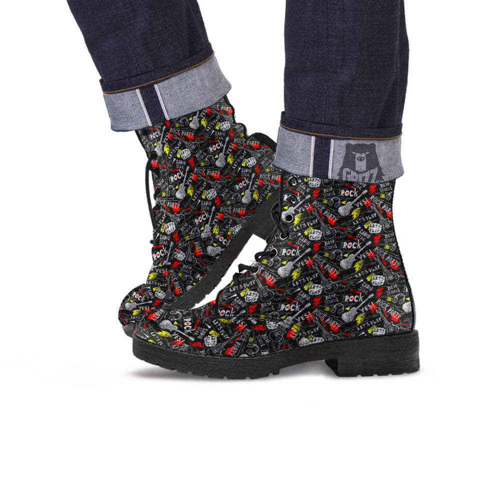 Roll And Grunge Rock Print Pattern Leather Boots-grizzshop