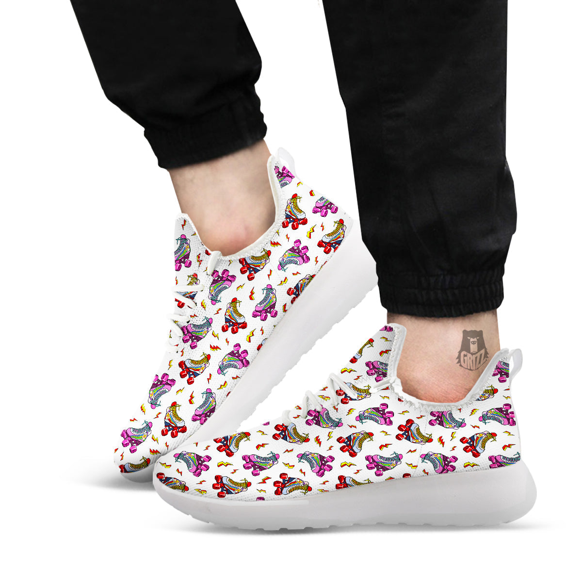 Roller Skates Lightning Print Pattern White Athletic Shoes-grizzshop
