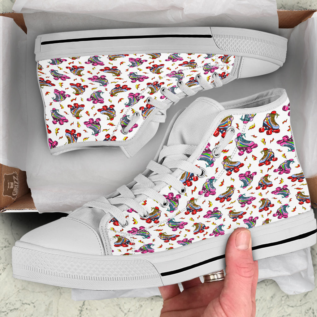 Roller Skates Lightning Print Pattern White High Top Shoes-grizzshop