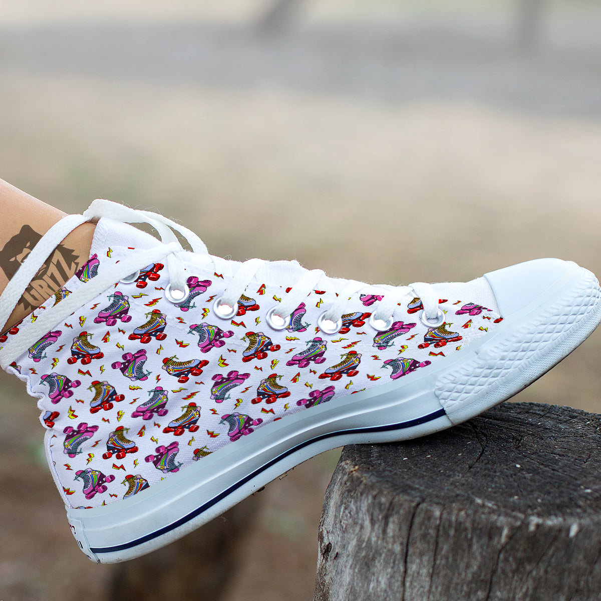 Roller Skates Lightning Print Pattern White High Top Shoes-grizzshop