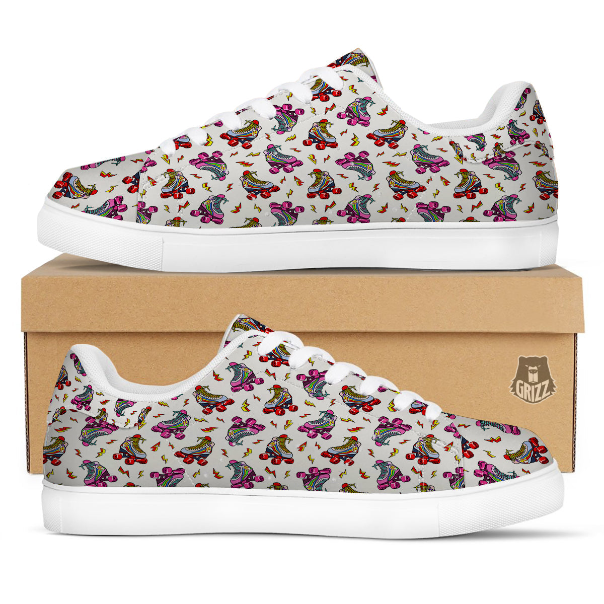 Roller Skates Lightning Print Pattern White Low Top Sneakers-grizzshop