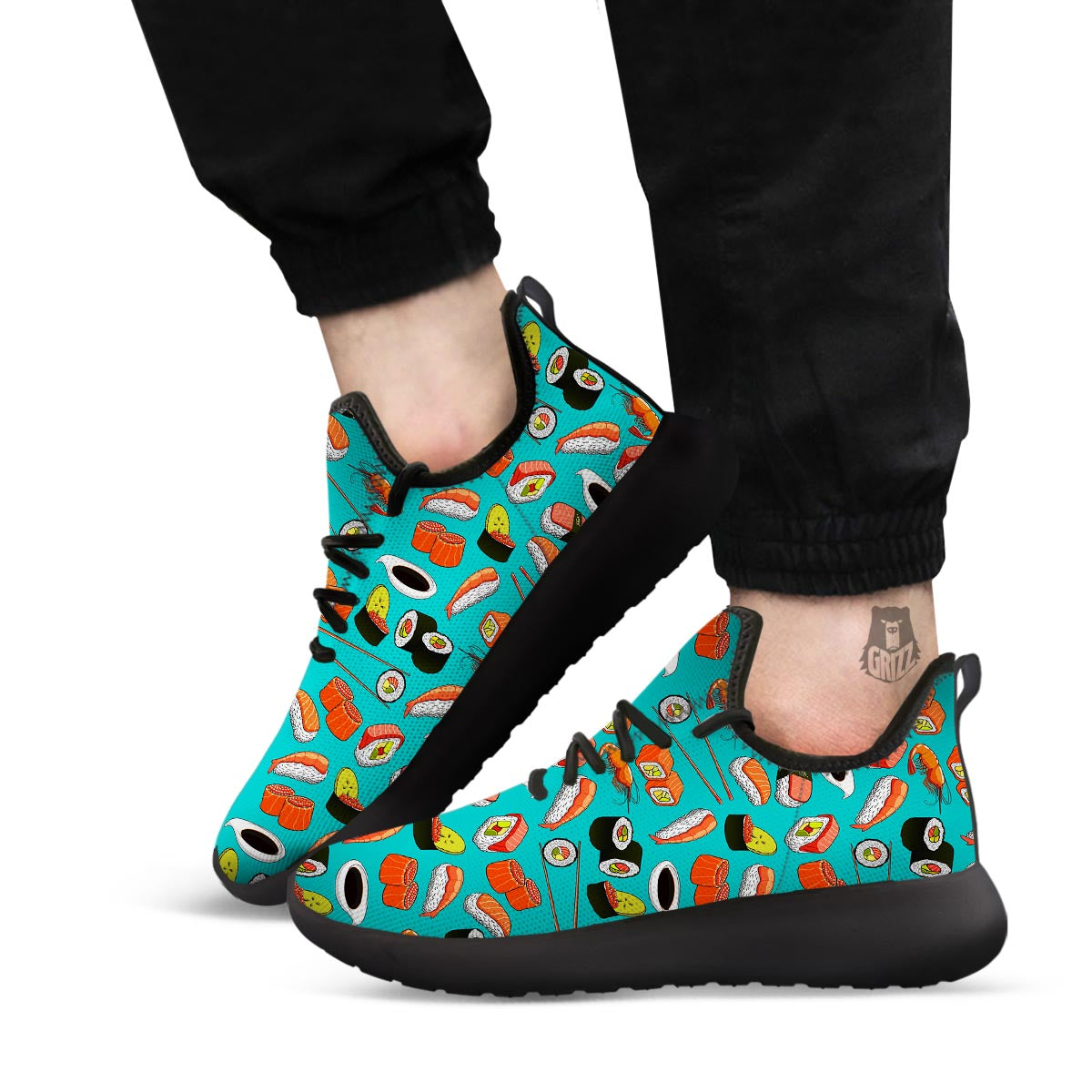 Rolls And Salmon Sushi Print Pattern Black Athletic Shoes-grizzshop