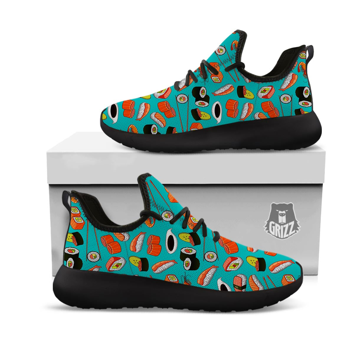 Rolls And Salmon Sushi Print Pattern Black Athletic Shoes-grizzshop