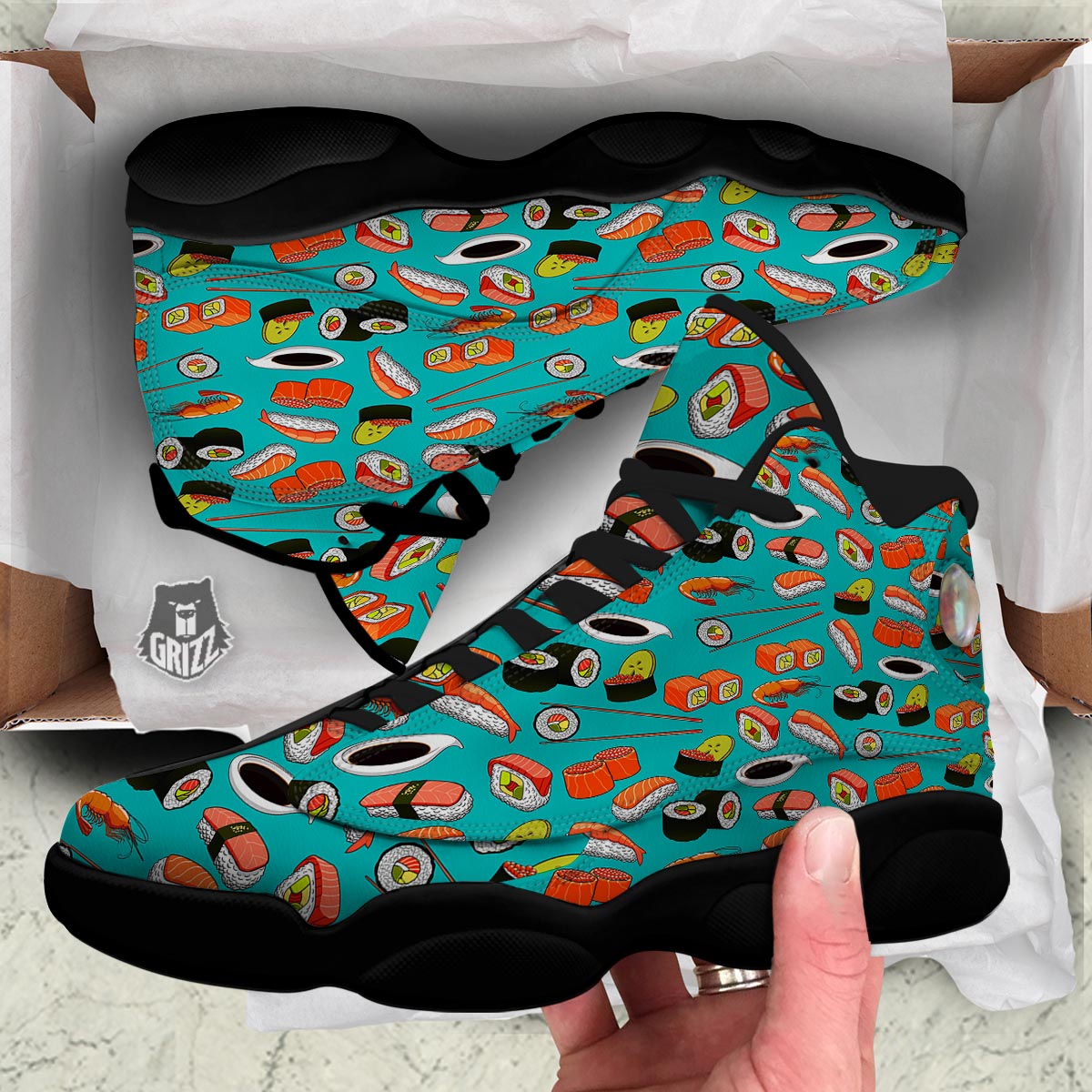 Rolls And Salmon Sushi Print Pattern Black Basketball Shoes-grizzshop