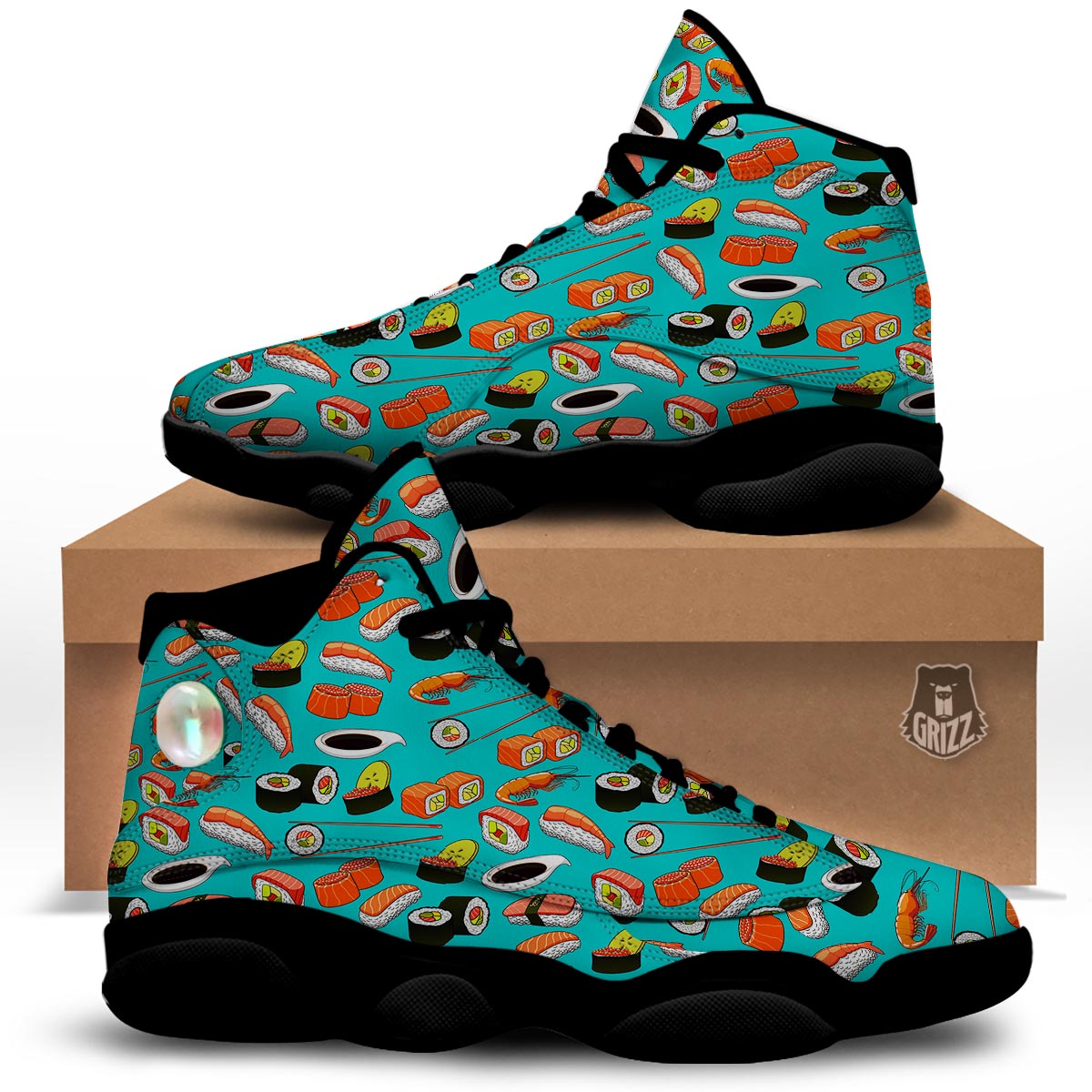 Rolls And Salmon Sushi Print Pattern Black Basketball Shoes-grizzshop