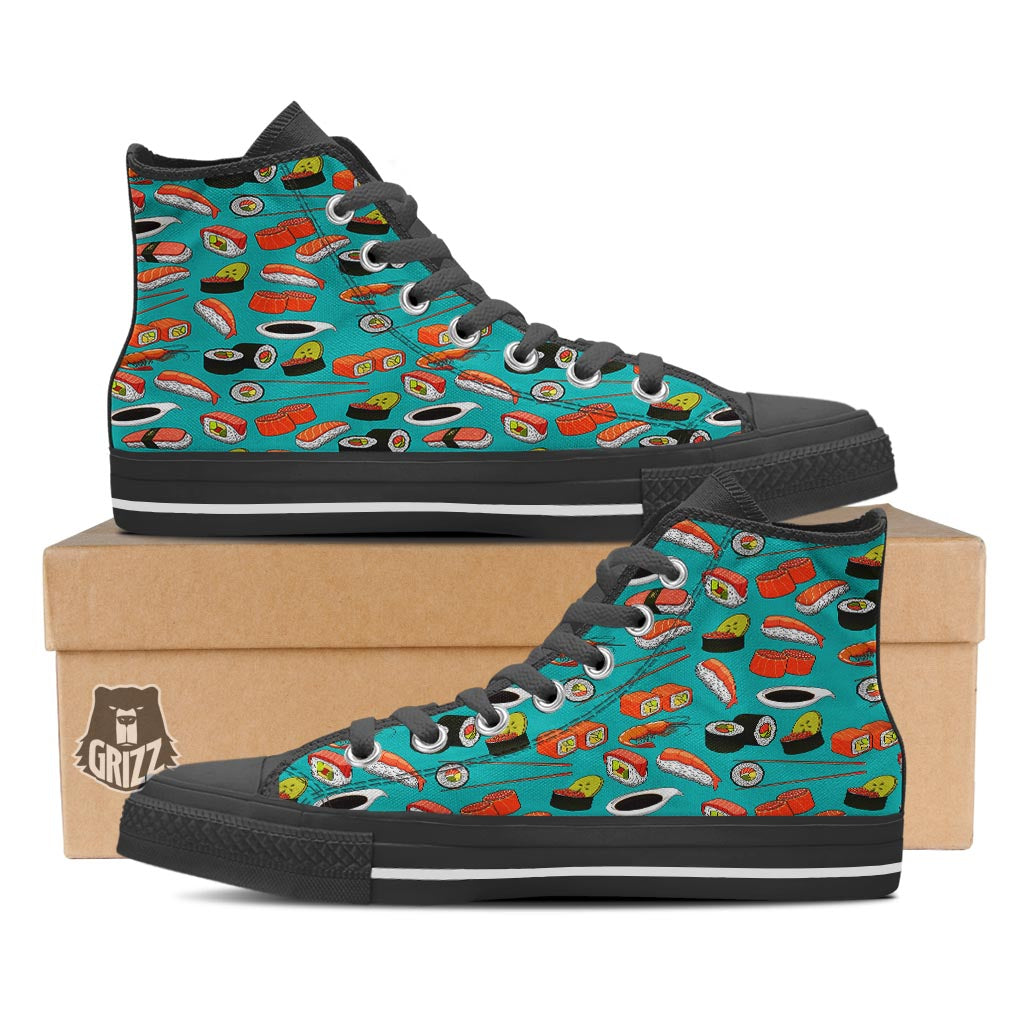 Rolls And Salmon Sushi Print Pattern Black High Top Shoes-grizzshop
