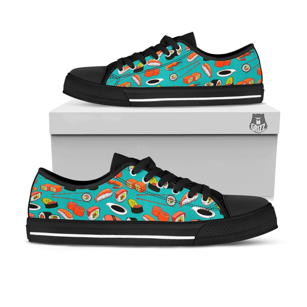 Rolls And Salmon Sushi Print Pattern Black Low Top Shoes-grizzshop