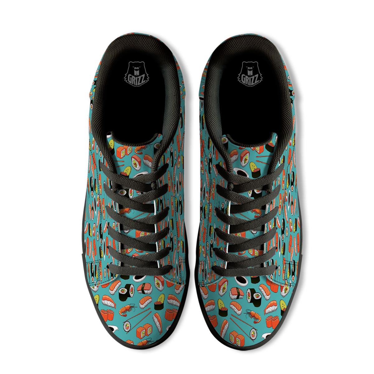 Rolls And Salmon Sushi Print Pattern Black Low Top Sneakers-grizzshop