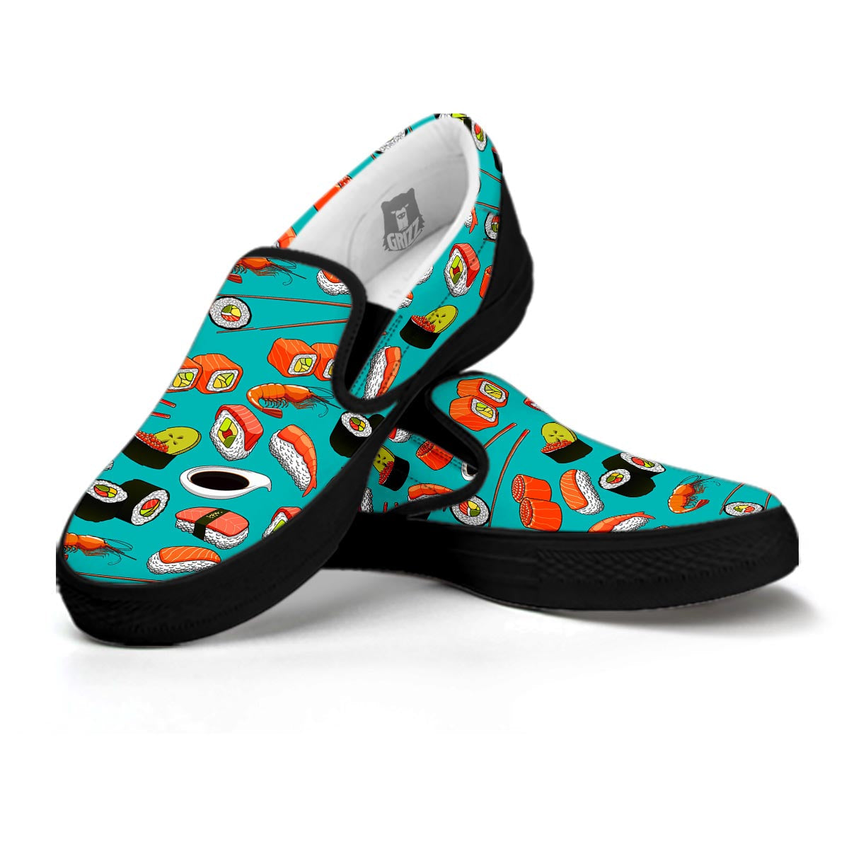 Rolls And Salmon Sushi Print Pattern Black Slip On Shoes-grizzshop