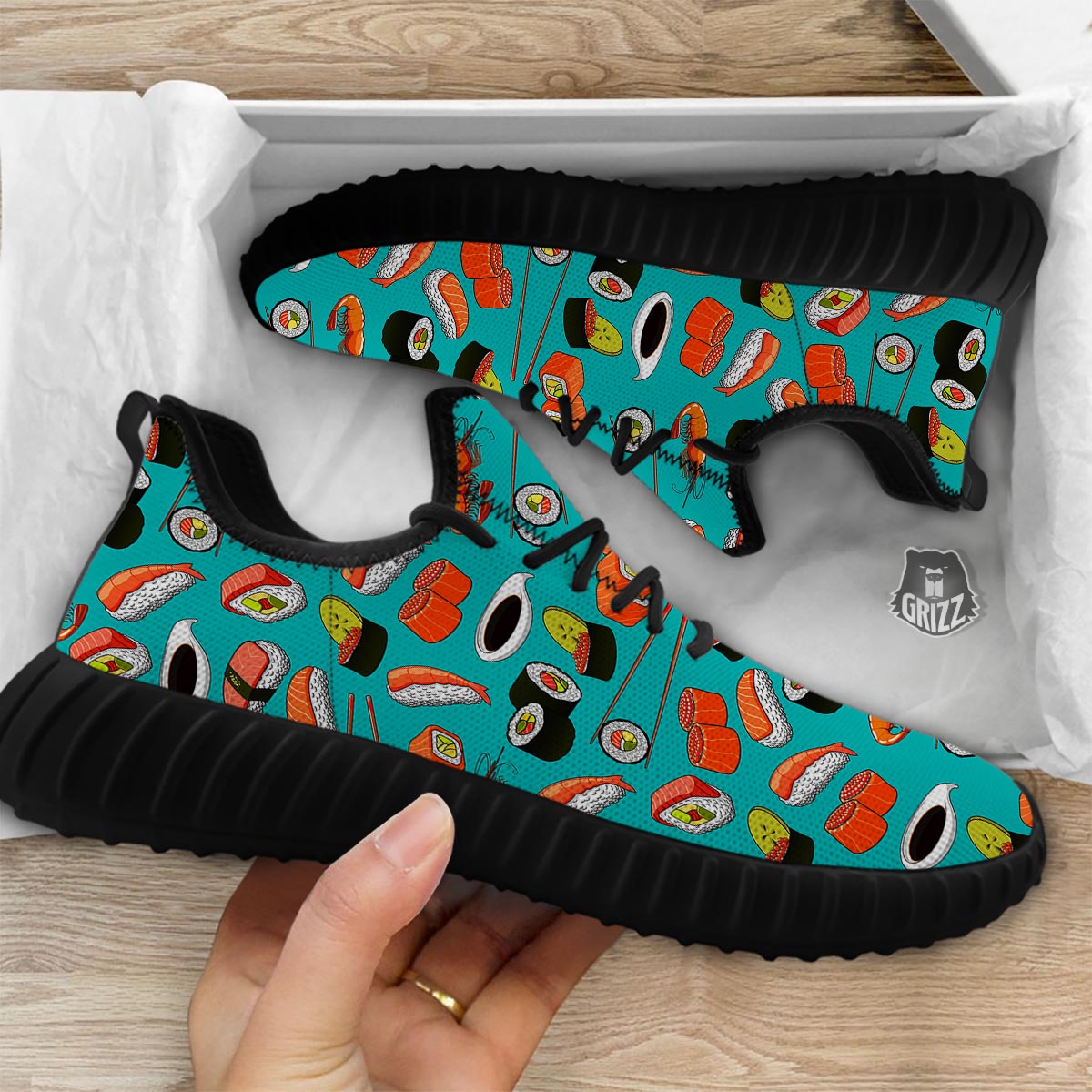 Rolls And Salmon Sushi Print Pattern Black Walking Shoes-grizzshop
