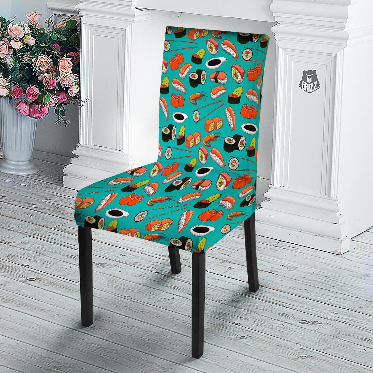 Rolls And Salmon Sushi Print Pattern Dining Chair Slipcover-grizzshop