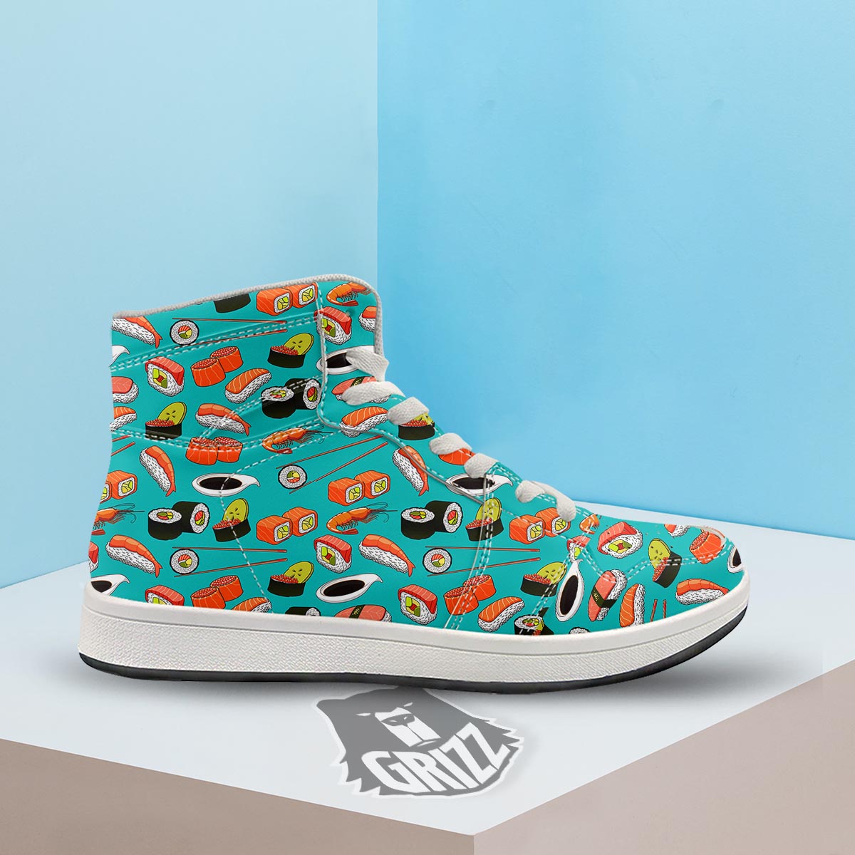 Rolls And Salmon Sushi Print Pattern High Top Sneakers-grizzshop