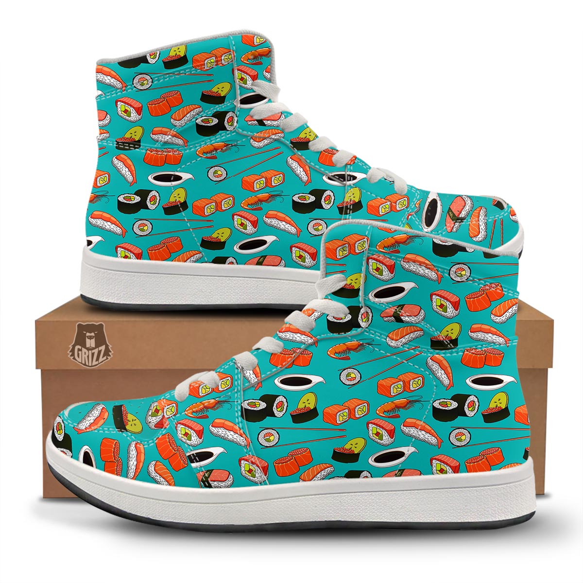 Rolls And Salmon Sushi Print Pattern High Top Sneakers-grizzshop