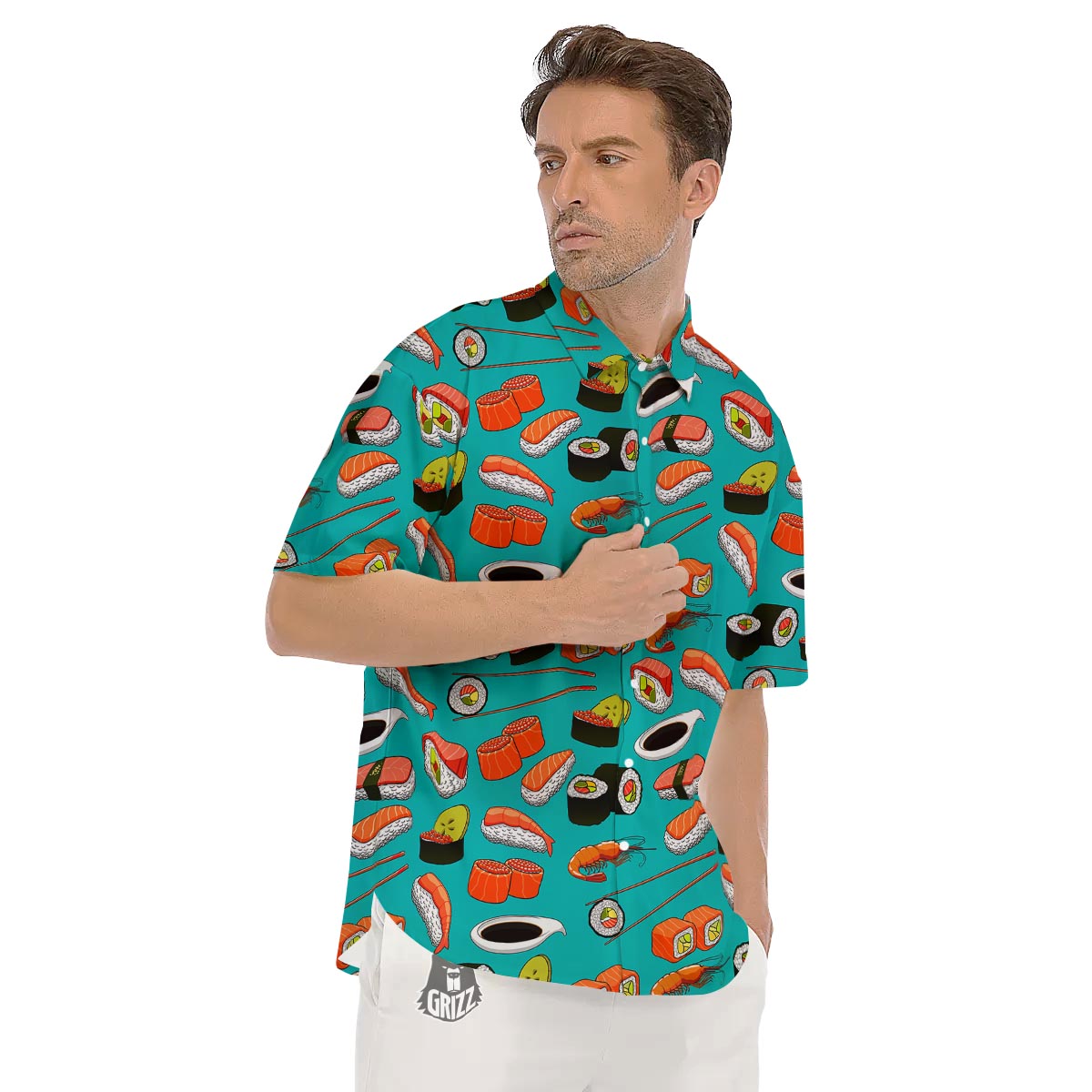 Rolls And Salmon Sushi Print Pattern Men's Short Sleeve Shirts-grizzshop