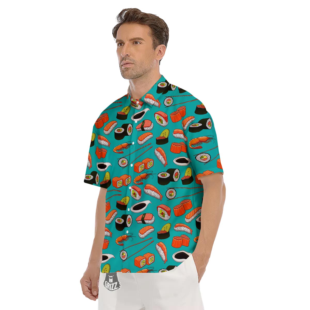 Rolls And Salmon Sushi Print Pattern Men's Short Sleeve Shirts-grizzshop