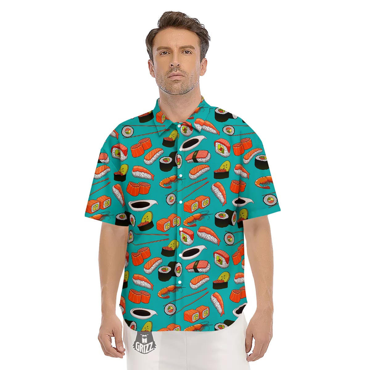 Rolls And Salmon Sushi Print Pattern Men's Short Sleeve Shirts-grizzshop